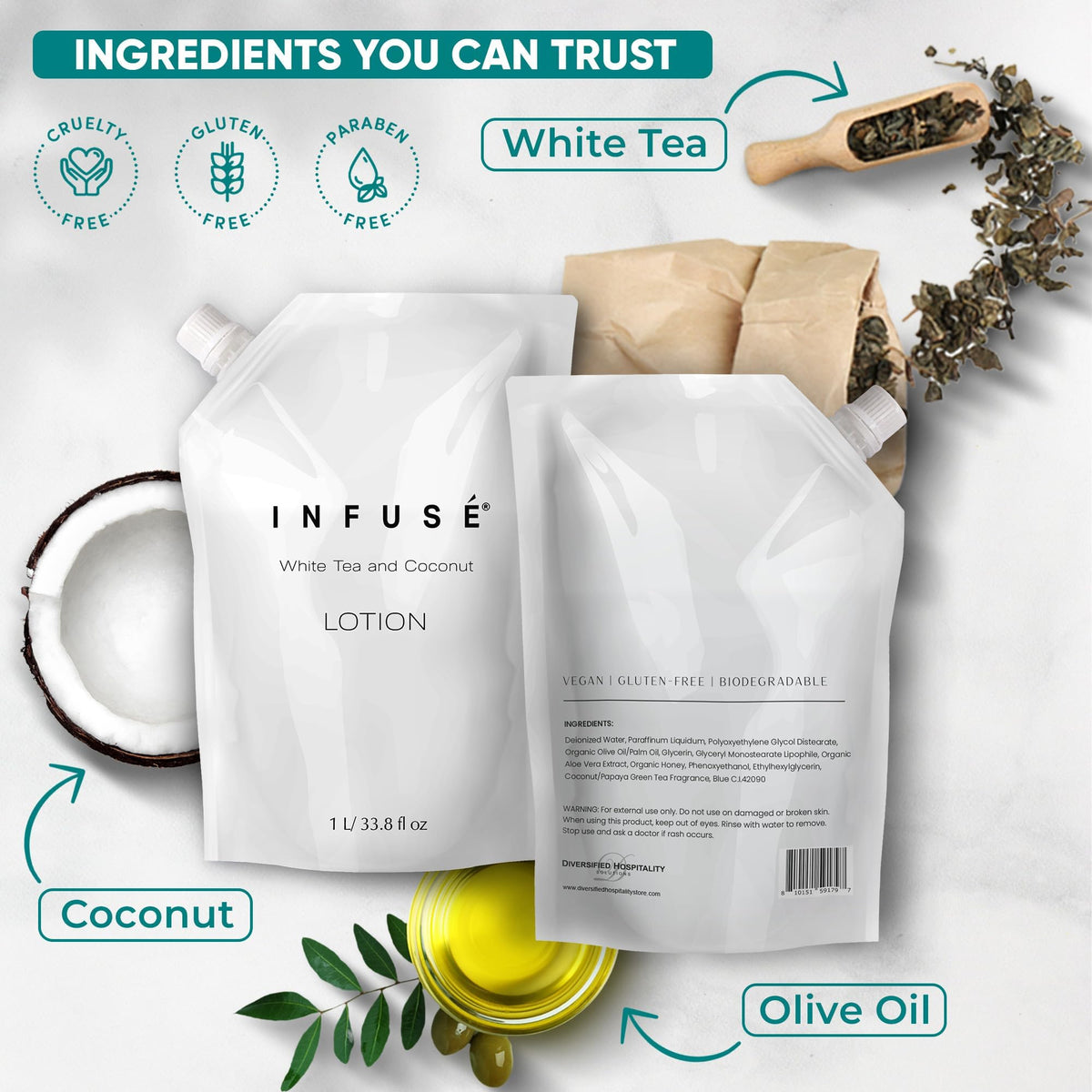 INFUSÉ label detail showing ingredients like aloe and olive oil for gentle care