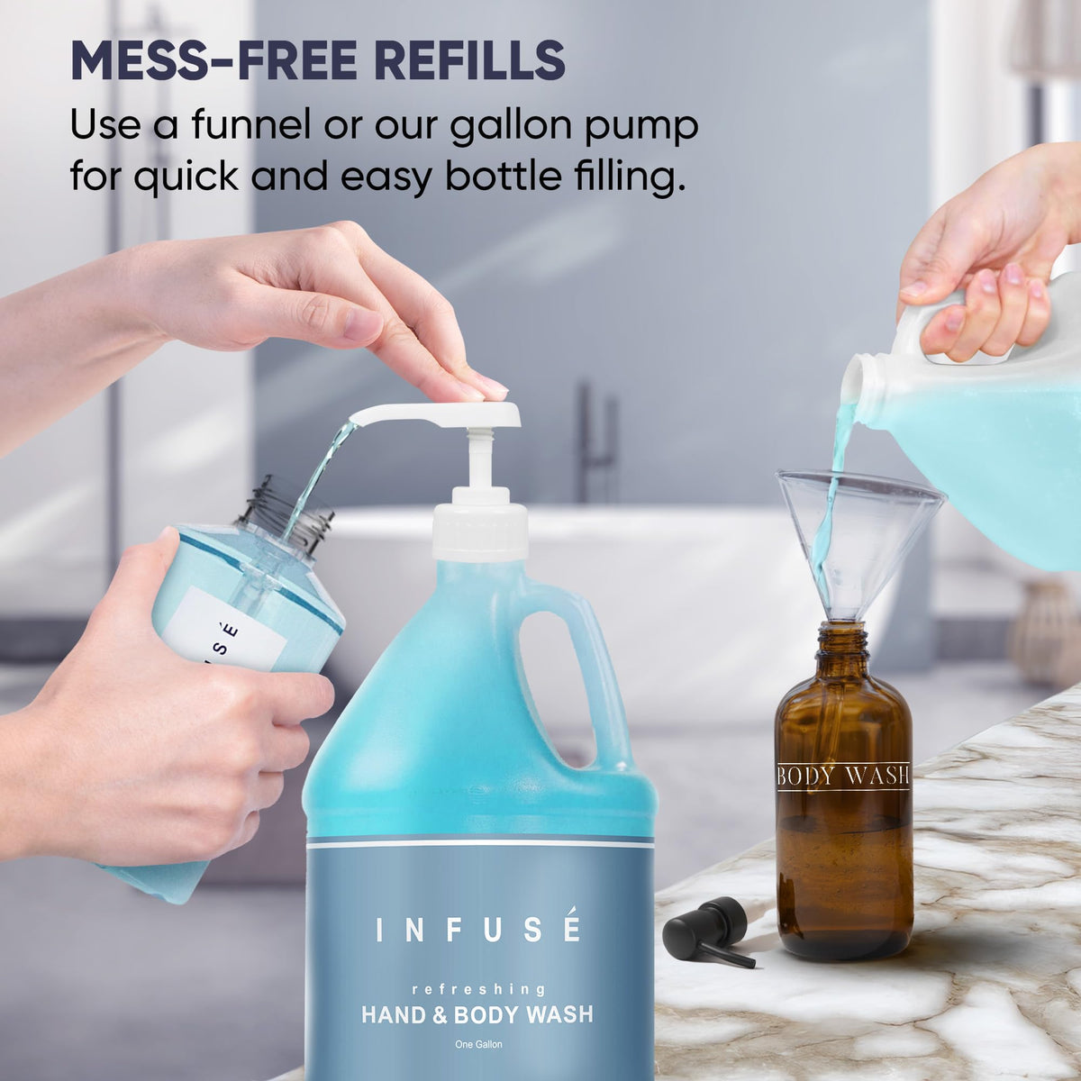 INFUSÉ gallon beside dispensers illustrating scale and cost-saving refill capacity