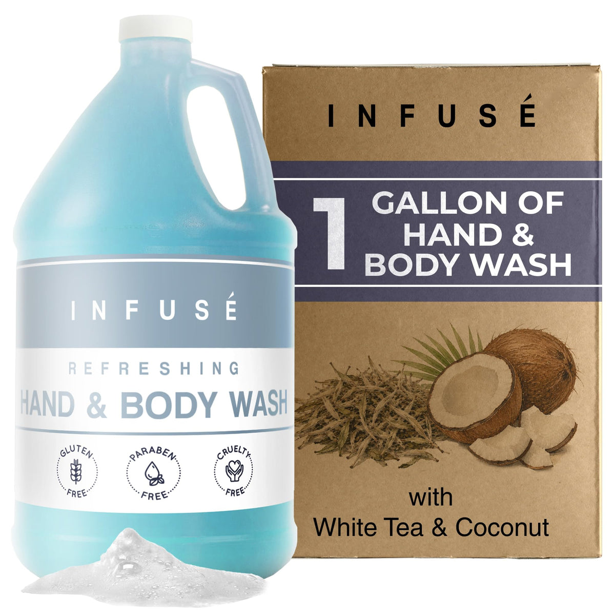 INFUSÉ front packaging showing gallon container and brand for consistent guest amenities