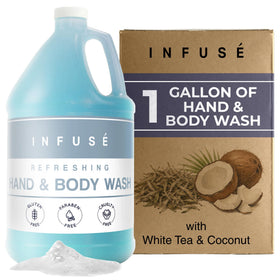 INFUSÉ front packaging showing gallon container and brand for consistent guest amenities