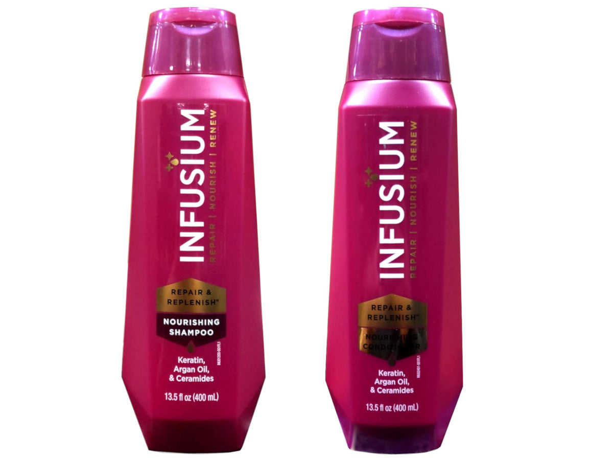 Infusium front packaging set showing both bottles and clear branding benefit hydration
