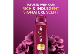 Infusium shampoo pump dispensing clear lather to show gentle cleansing benefit
