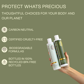 Ingreendients recycled plastic bottles with label showcasing sustainable packaging benefit