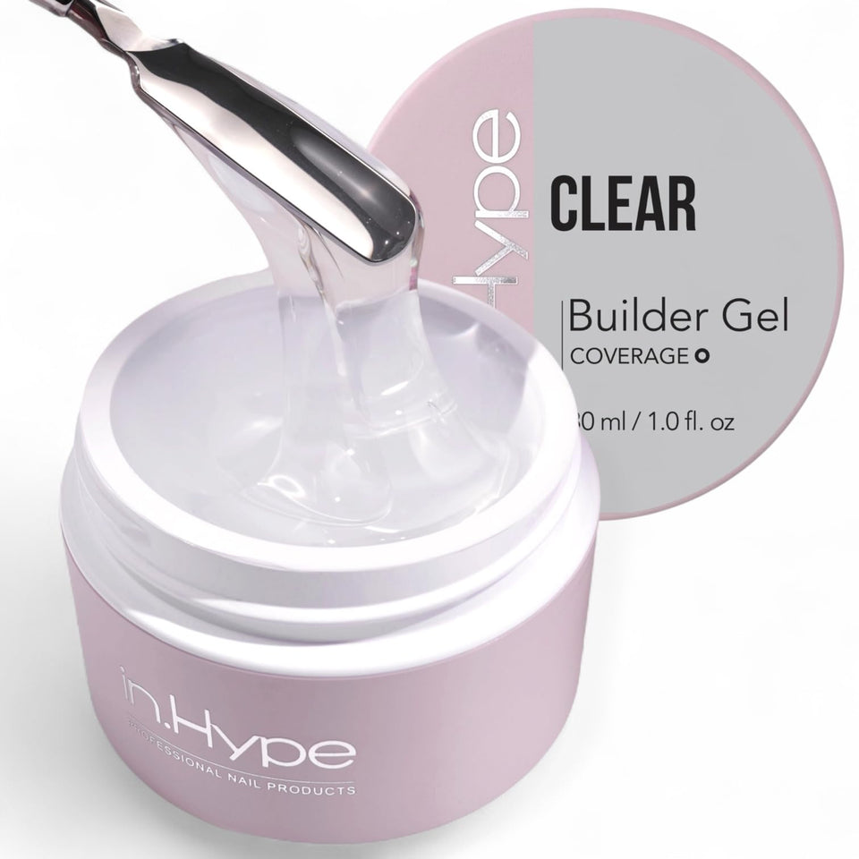 IN.HYPE clear builder gel jar front packaging showing brand and clarity, professional presentation