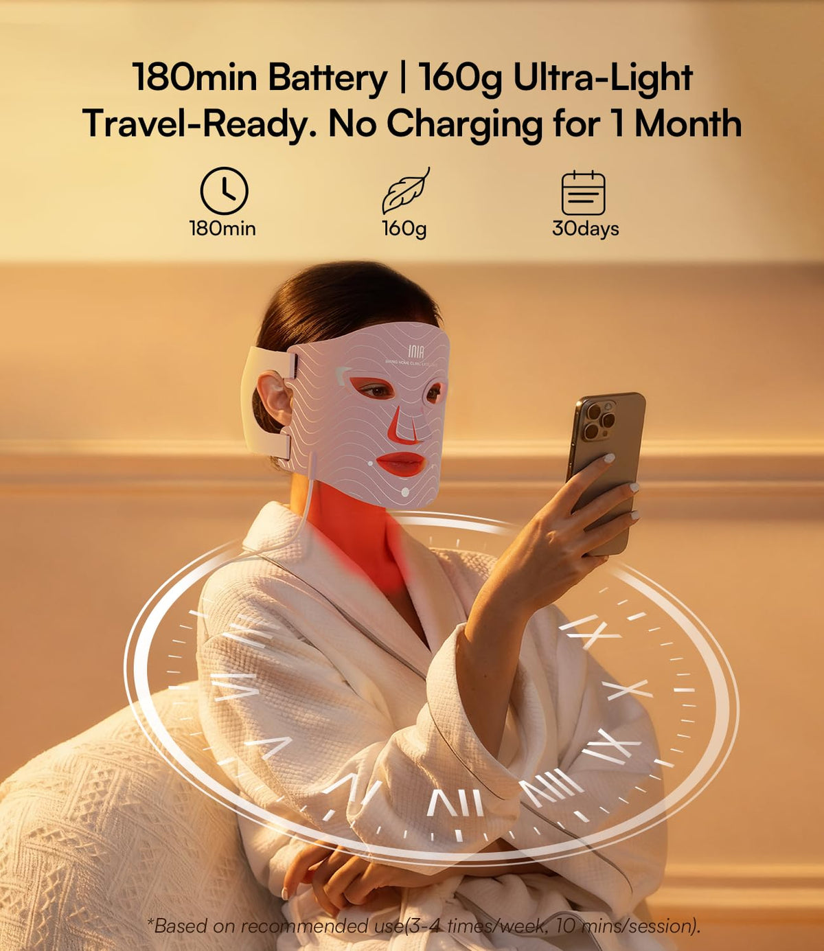INIA product packaging box showing included mask and travel-ready storage