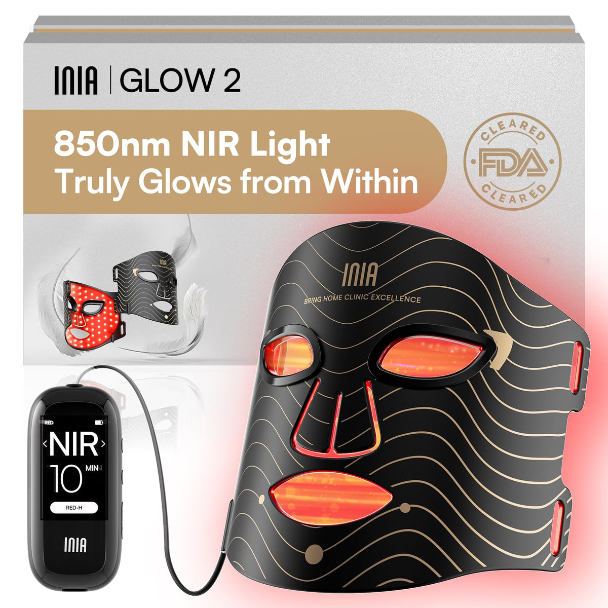 INIA mask front view showing LEDs and comfortable fit benefit