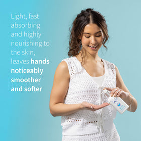 Inis 10 fl oz bottle next to a hand to show convenient size benefit