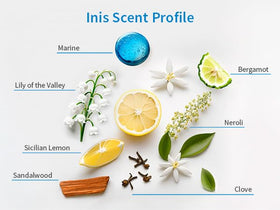Inis brand set styled in bathroom creating coastal vibe and inviting fragrance benefit