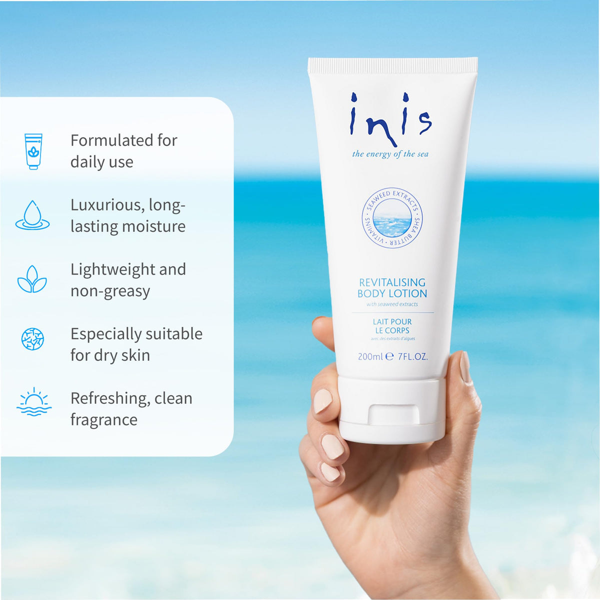 Inis bottle placed by the sea evoking fresh coastal fragrance benefits