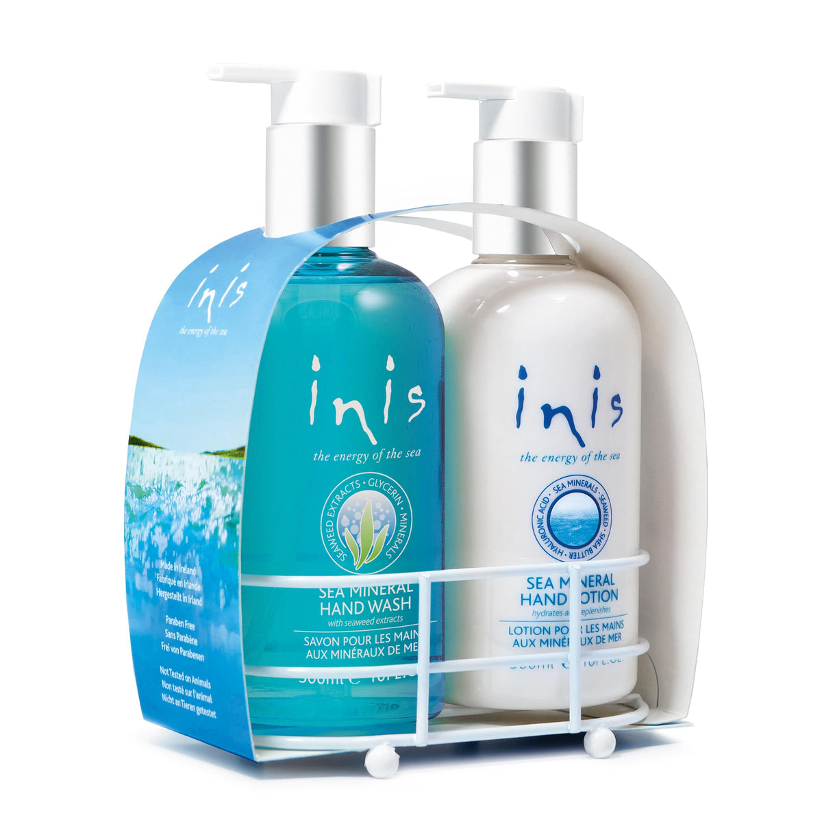 Inis brand caddy front view showing neat sink-side soap and lotion set and organized look