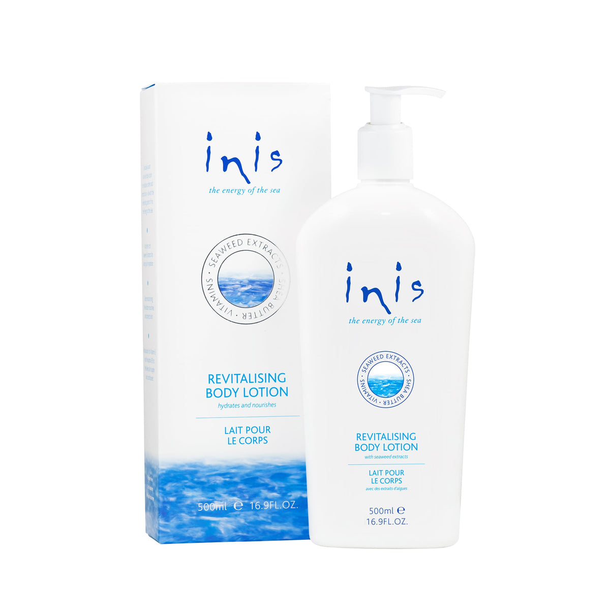 Inis the Energy of the Sea front pump bottle showing label and size for easy identification
