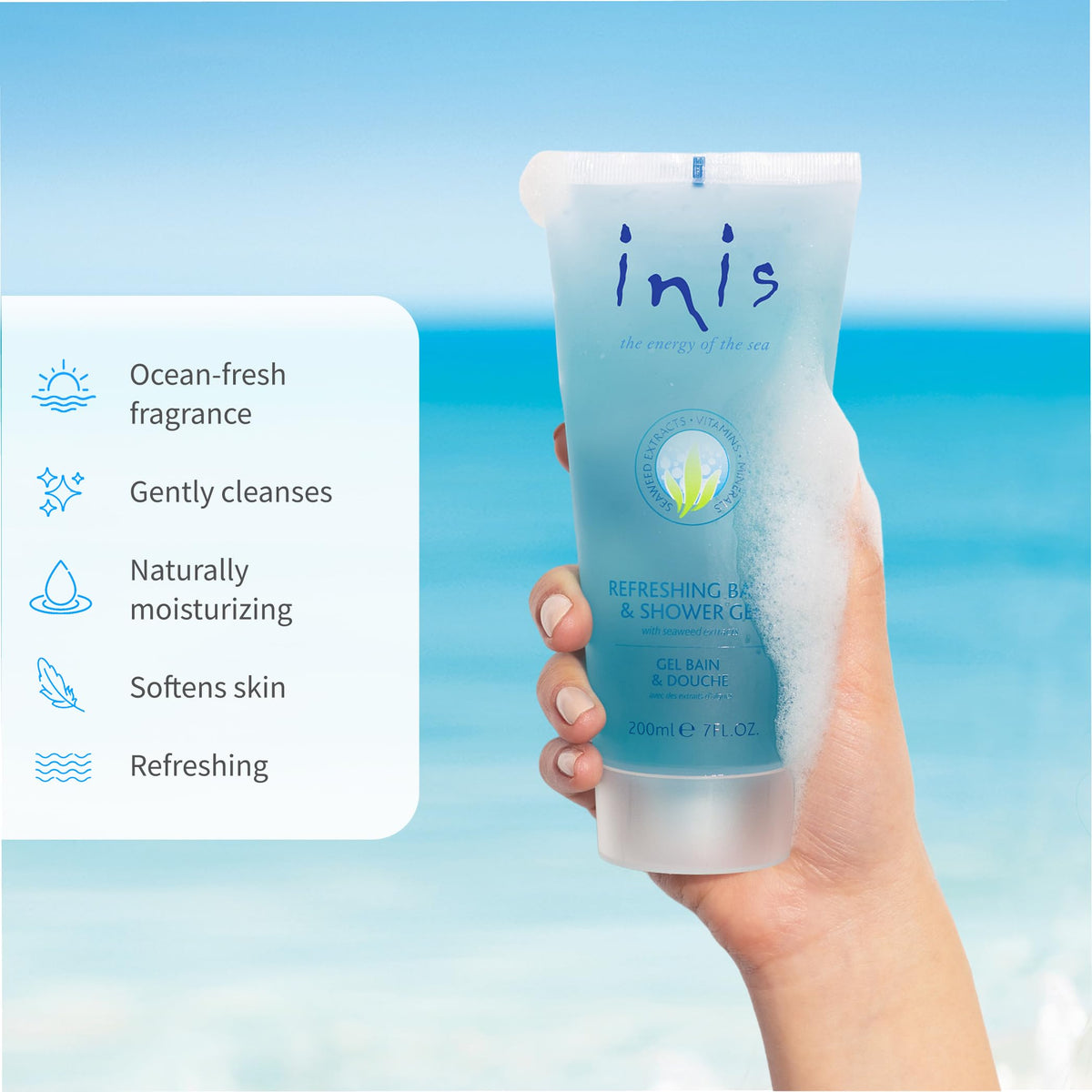 Inis the Energy of the Sea gel on a palm demonstrating easy spreadability and moisturizing feel