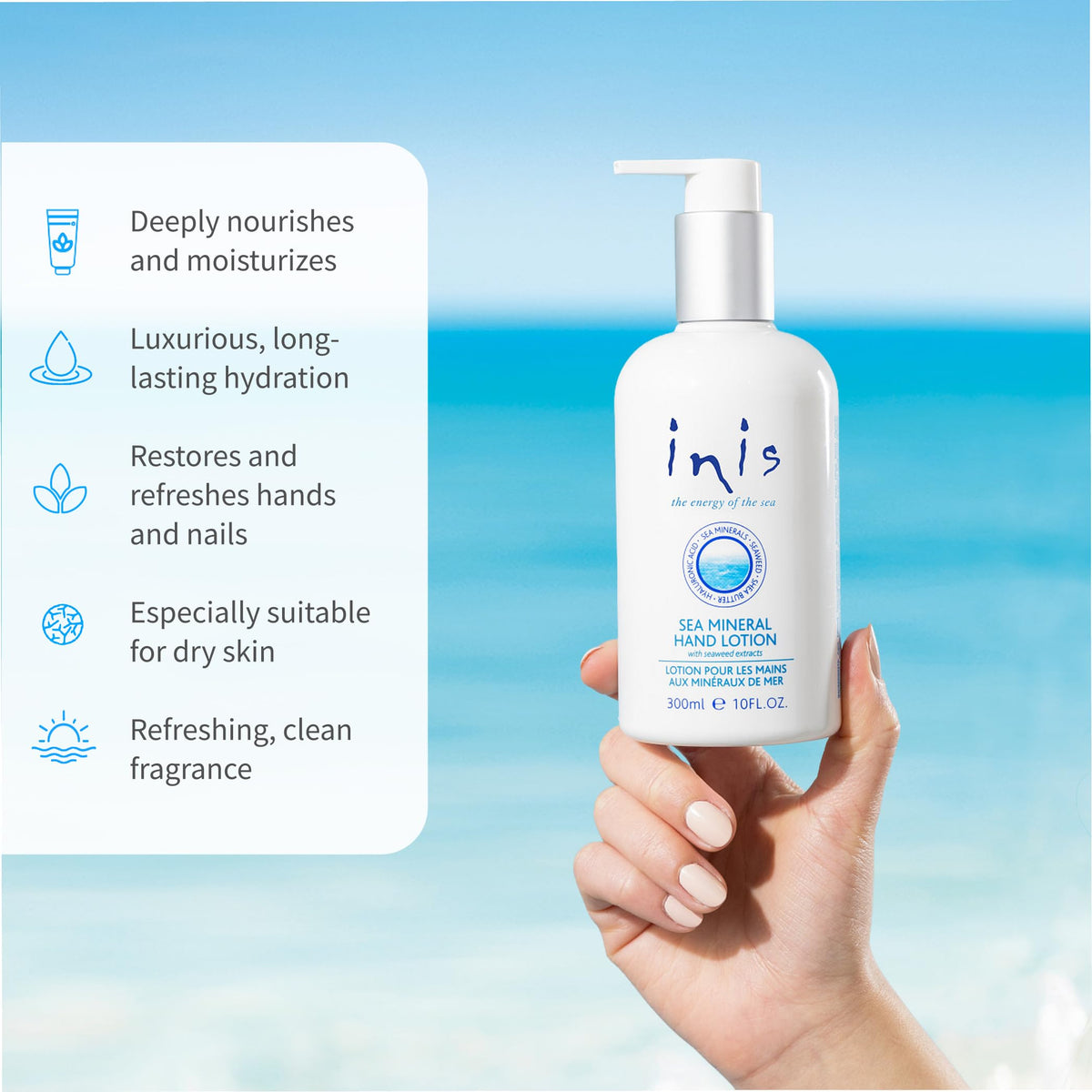 Inis lotion applied to hands at a sink showing fast non-greasy benefit
