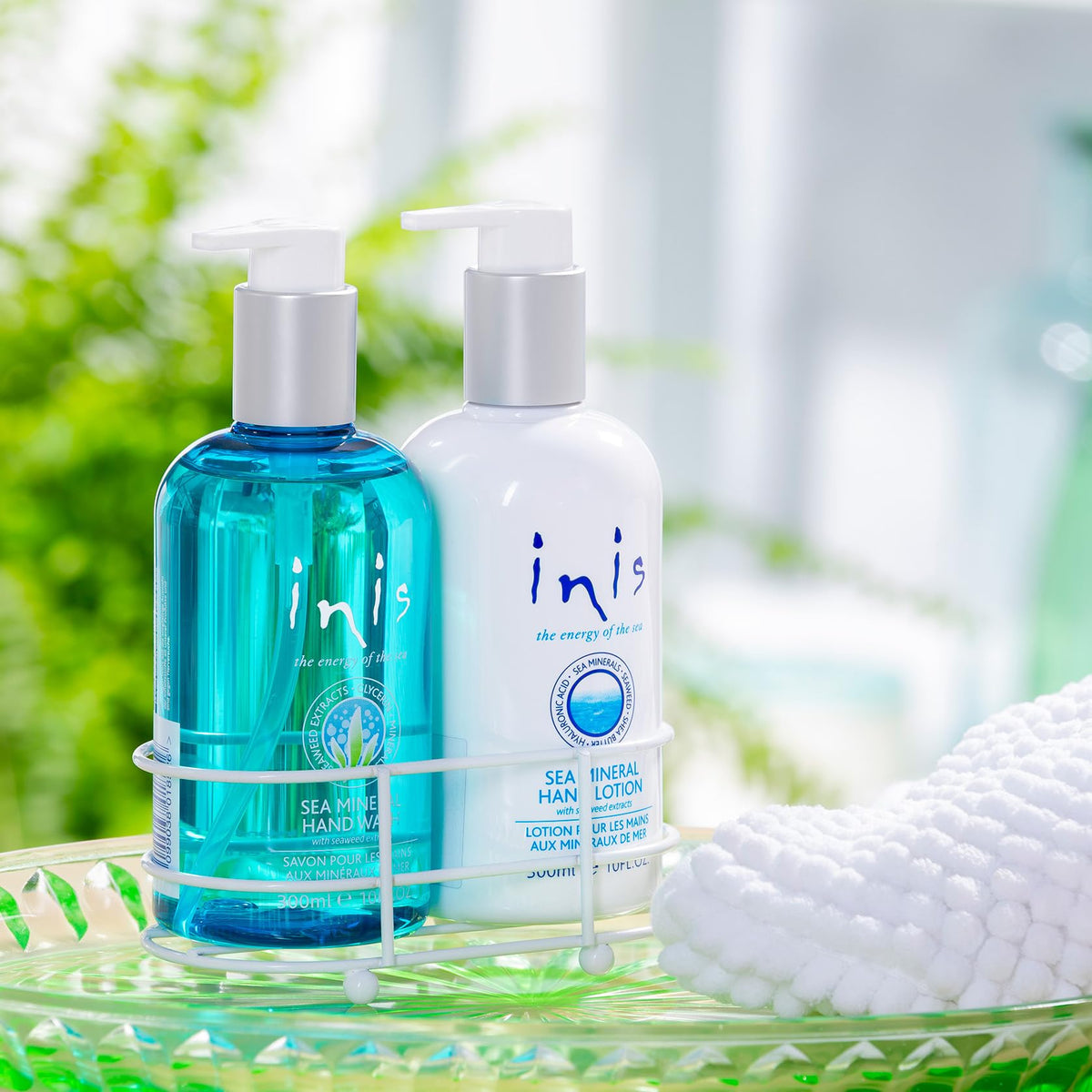 Inis brand hand wash bottle close-up showing pump top and gentle cleansing benefit
