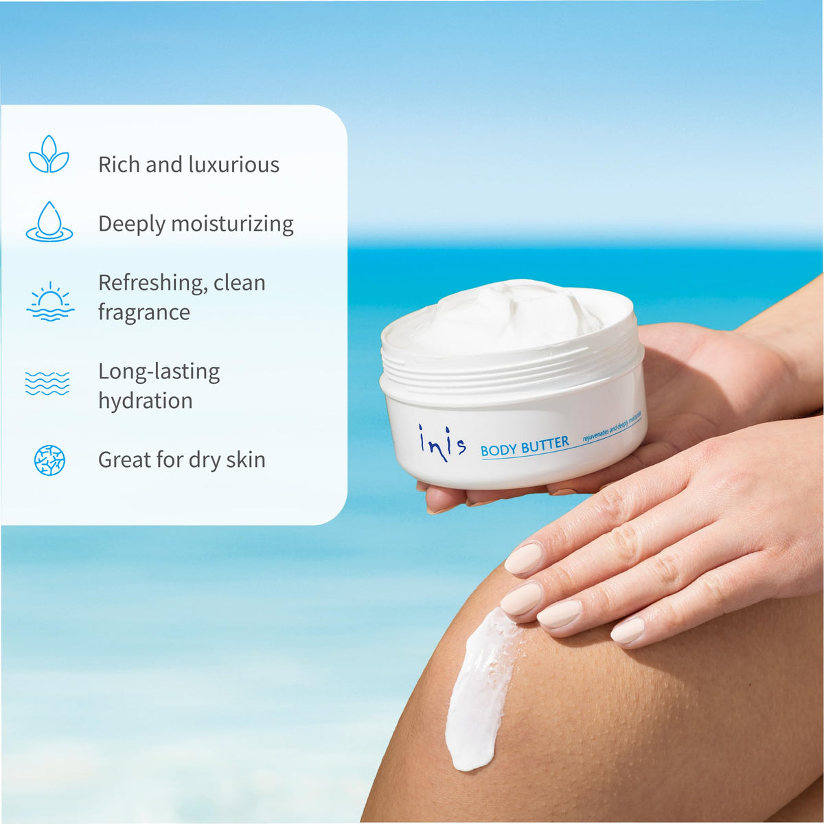 Inis applied to forearm demonstrating smooth spreadability and instant softness