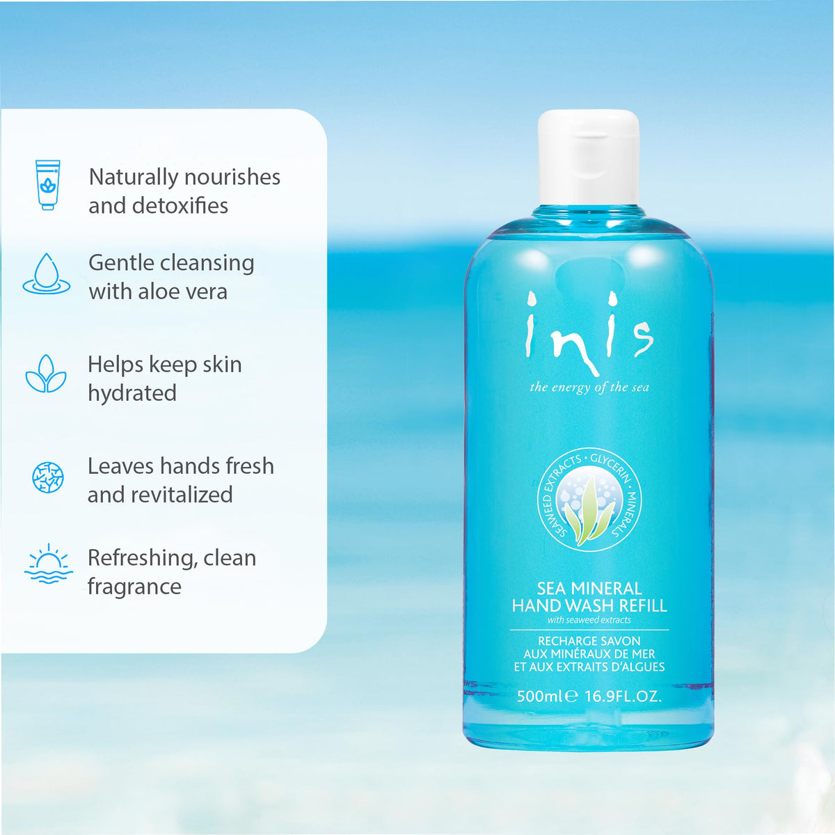 Inis label close-up highlighting seaweed and aloe ingredients and transparency