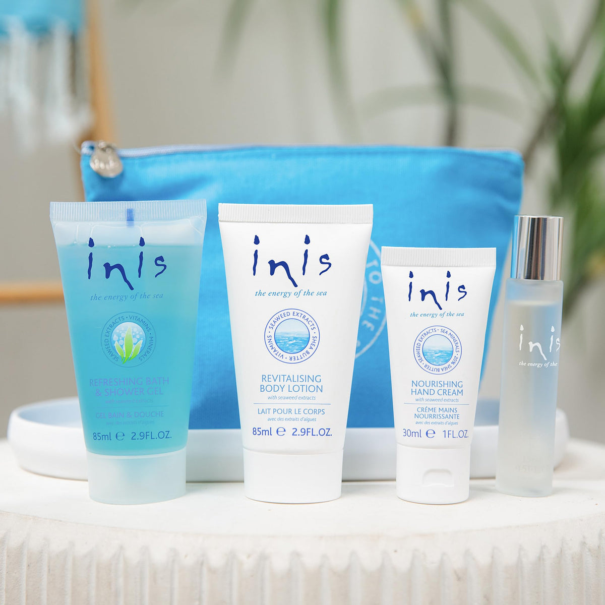 Inis the Energy of the Sea products inside carry-on luggage showing travel readiness