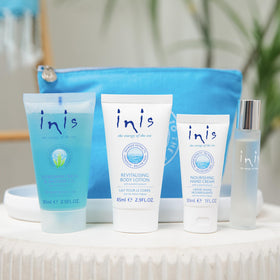 Inis the Energy of the Sea products inside carry-on luggage showing travel readiness