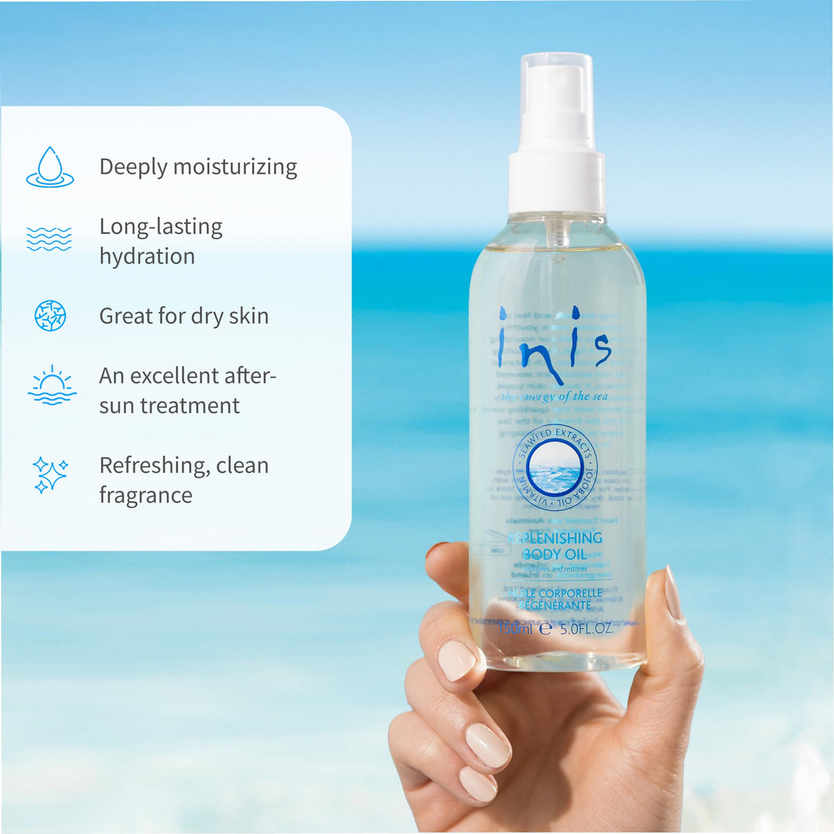 Inis size comparison with hand to show 5 fl oz portability and convenience