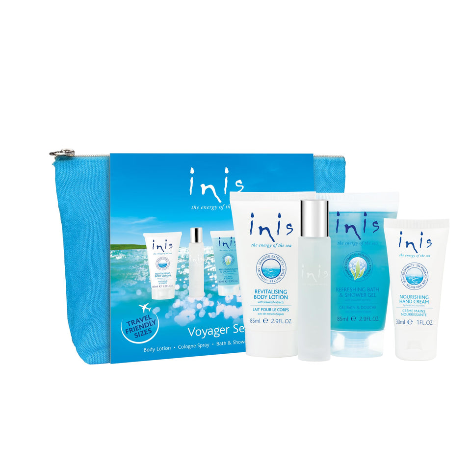 Inis the Energy of the Sea front packaging showing full travel gift set benefits