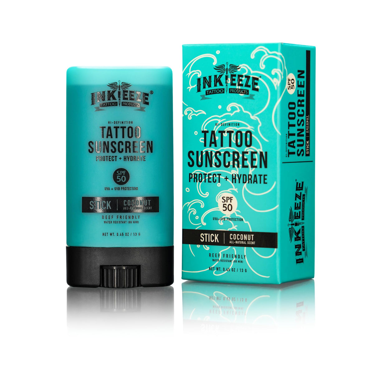 INK-EEZE front packaging of Ink Shield stick showing size and SPF50 protection