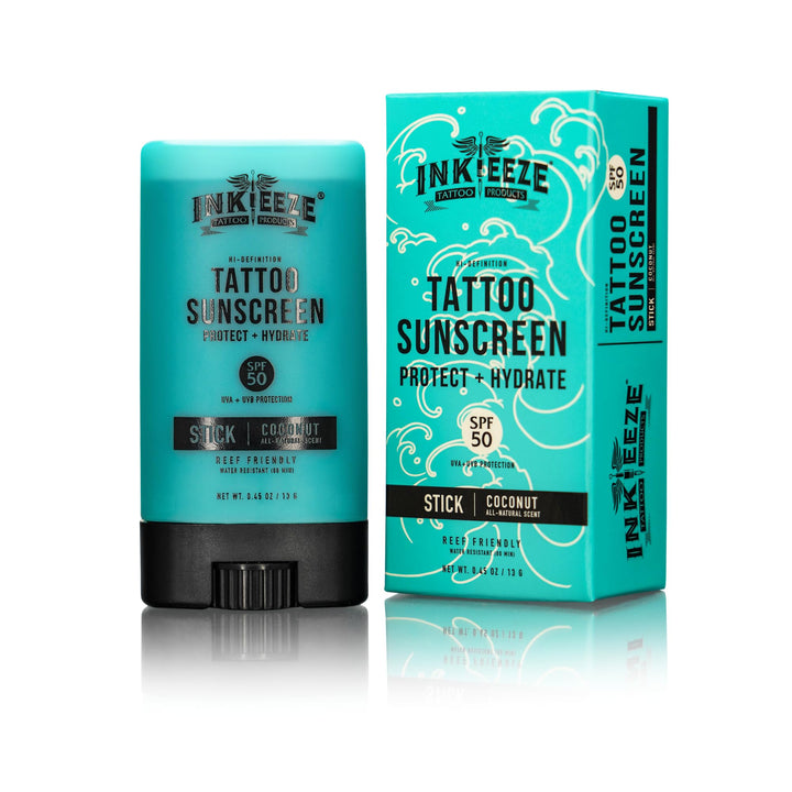 INK-EEZE front packaging of Ink Shield stick showing size and SPF50 protection