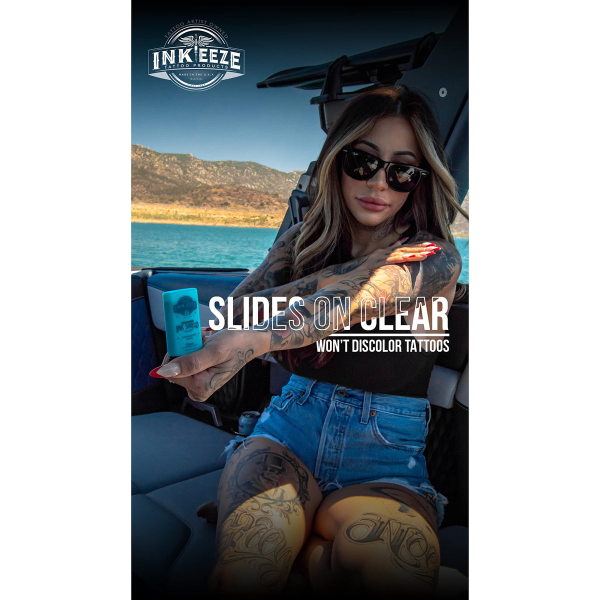 INK-EEZE ingredients label close-up highlighting vegan, reef-friendly formulation