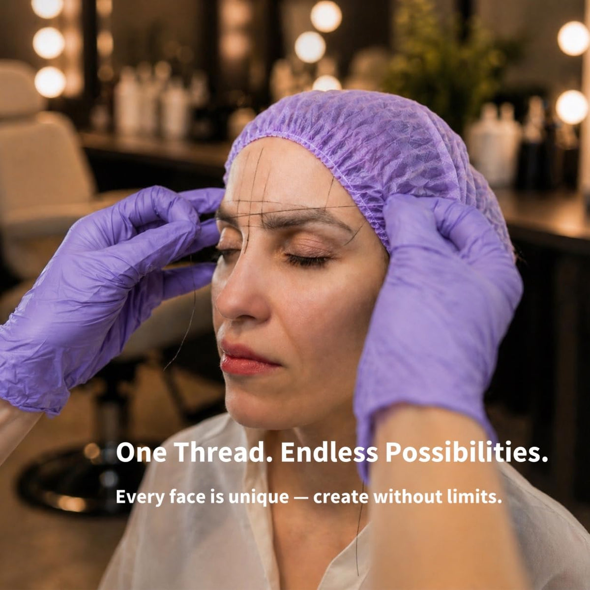 Ink Permanent string in use on a model demonstrating accurate brow mapping benefit