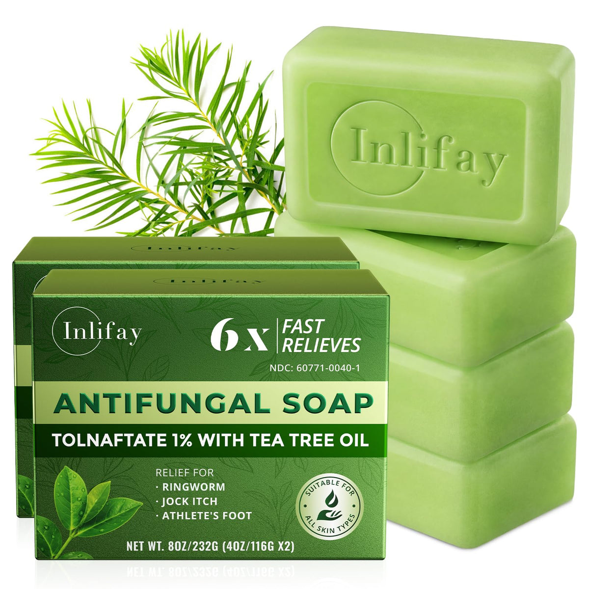 Inlifay front packaging showing two antifungal soap bars and product benefits