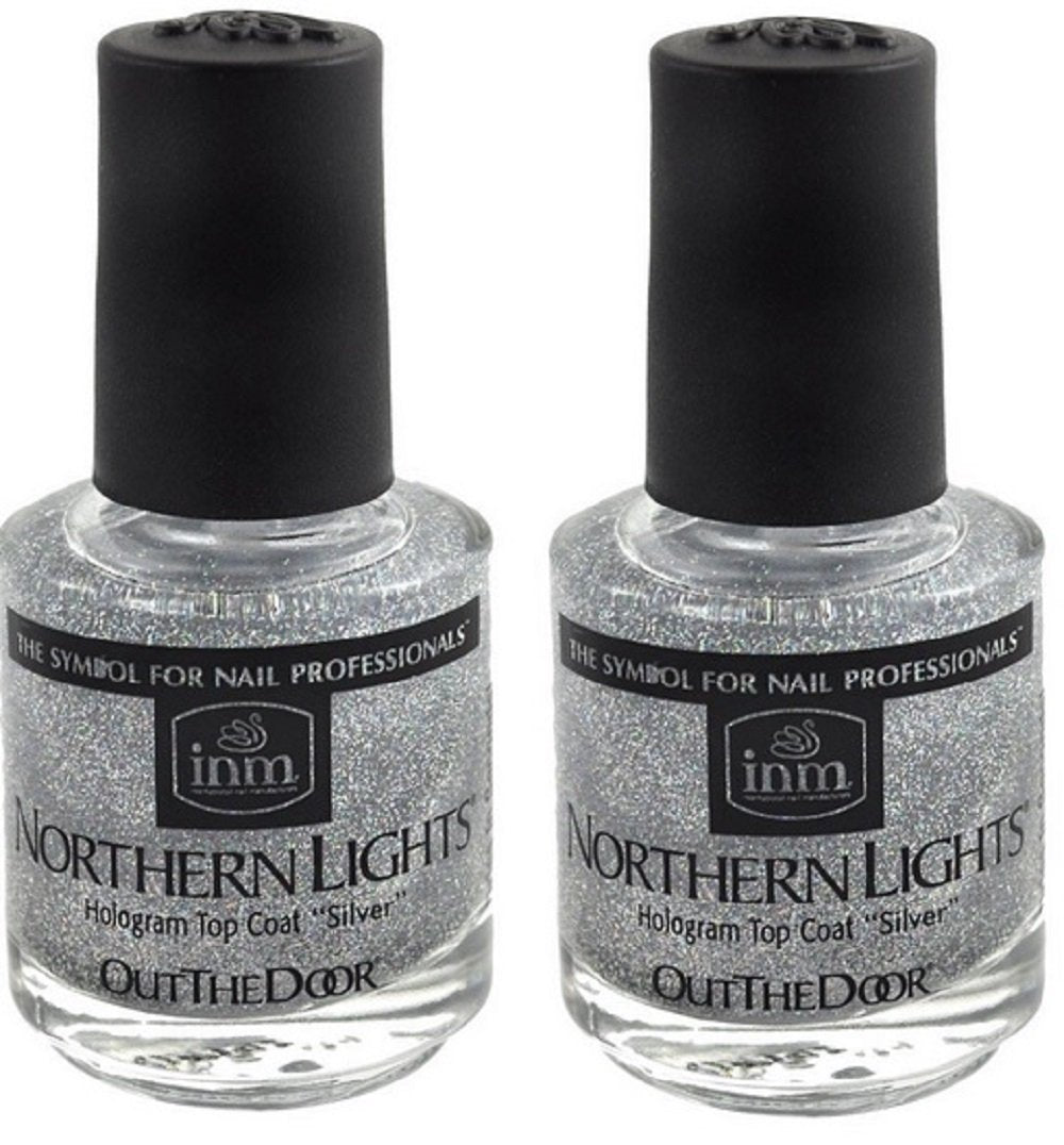 INM bottle front view showing holographic silver top coat and glossy finish benefit