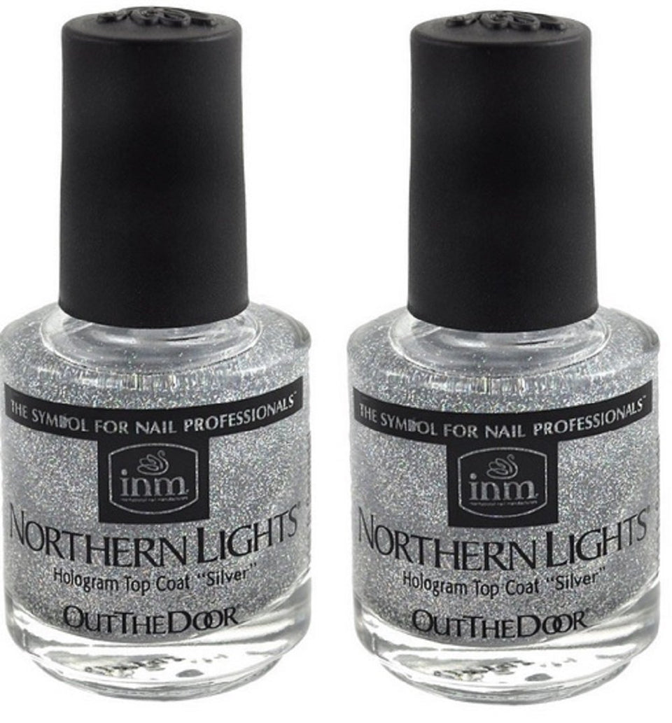 INM bottle front view showing holographic silver top coat and glossy finish benefit