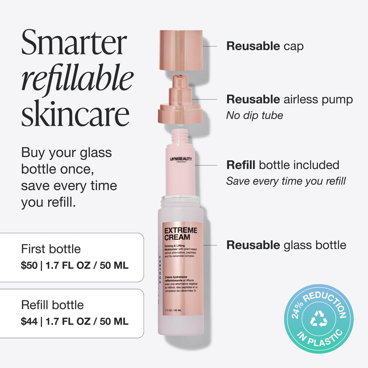 Innbeauty Project refill bottle replacement next to main jar benefit: eco-friendly refill system