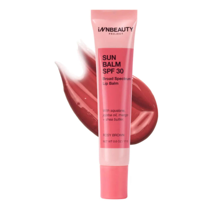Innbeauty Project front view of the rosy brown SPF 30 lip balm, travel-ready protection