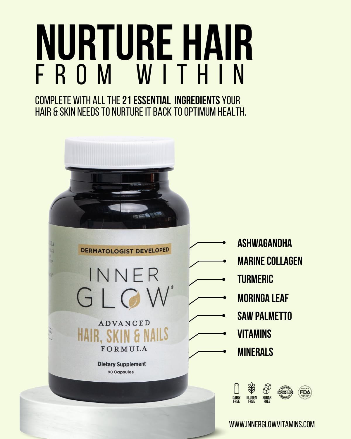 Inner Glow collagen peptides jar beside tablets to show ingredient source