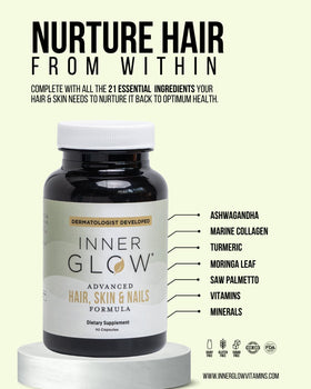 Inner Glow collagen peptides jar beside tablets to show ingredient source