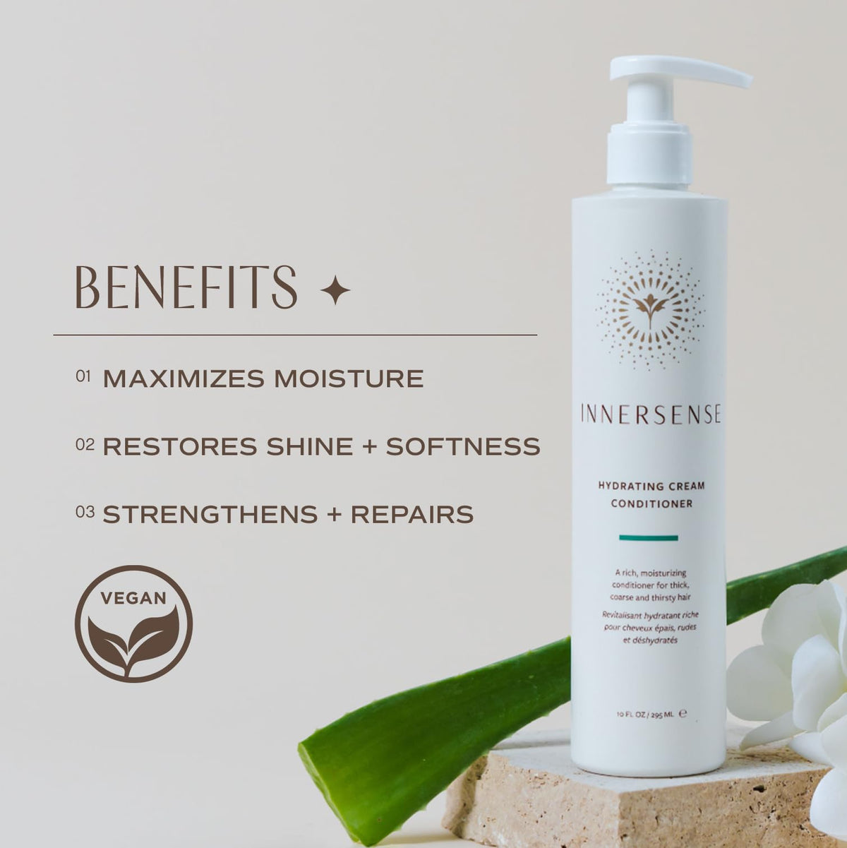 INNERSENSE pump dispensing conditioner onto hands to demonstrate easy application benefit
