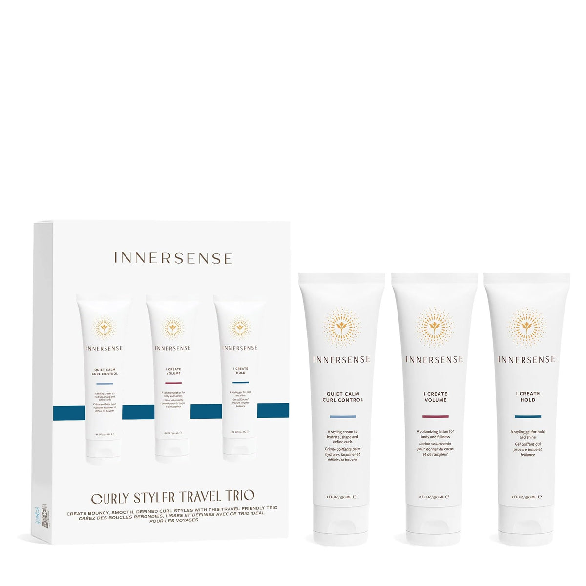 INNERSENSE front packaging trio showing compact travel sizes for easy styling