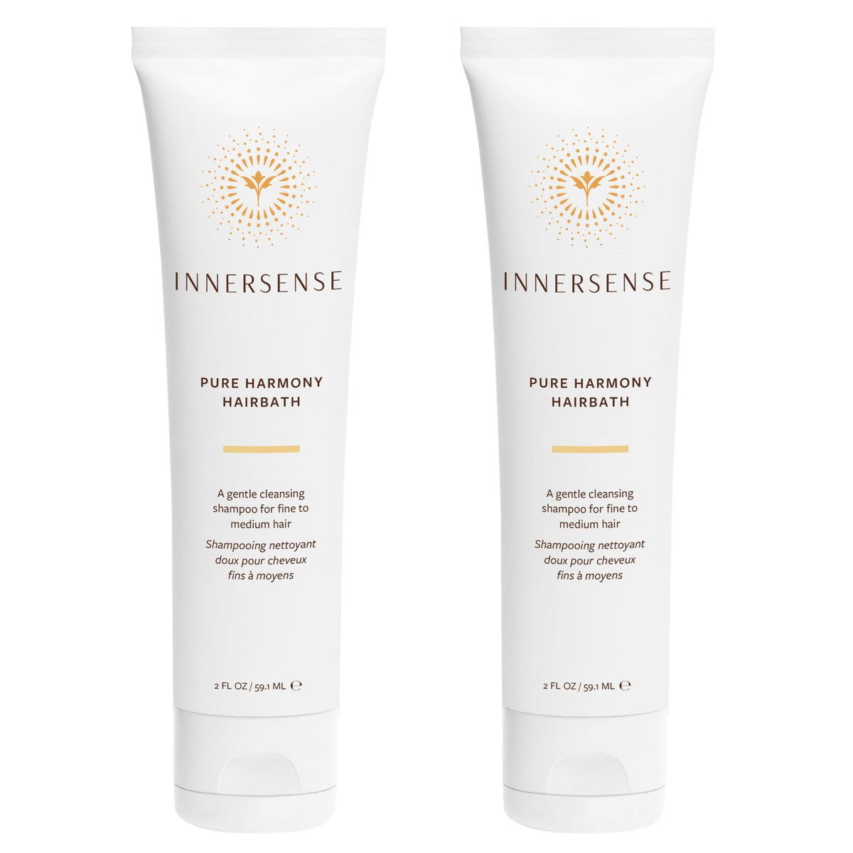 INNERSENSE front packaging showing Pure Harmony Hairbath travel bottles and branding benefits