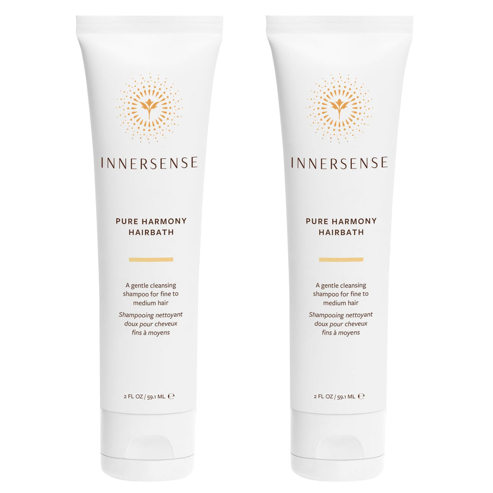 INNERSENSE front packaging showing Pure Harmony Hairbath travel bottles and branding benefits