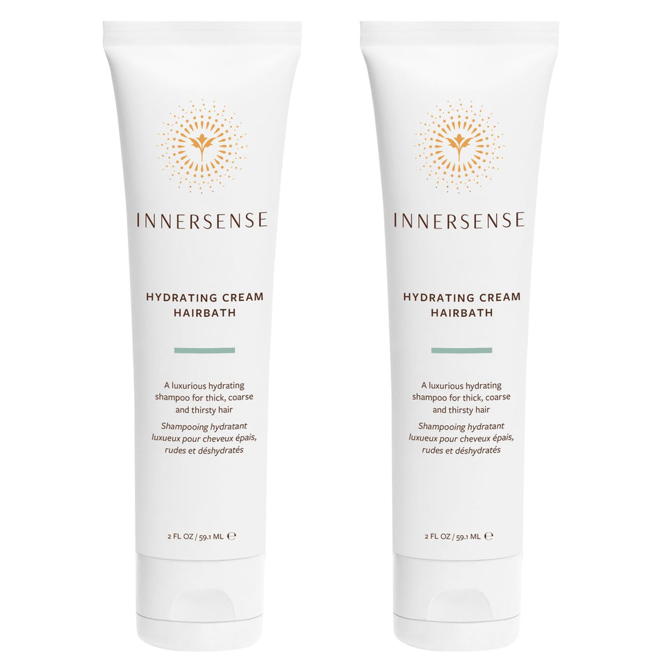 INNERSENSE shampoo front packaging showing travel-size two-pack and benefits