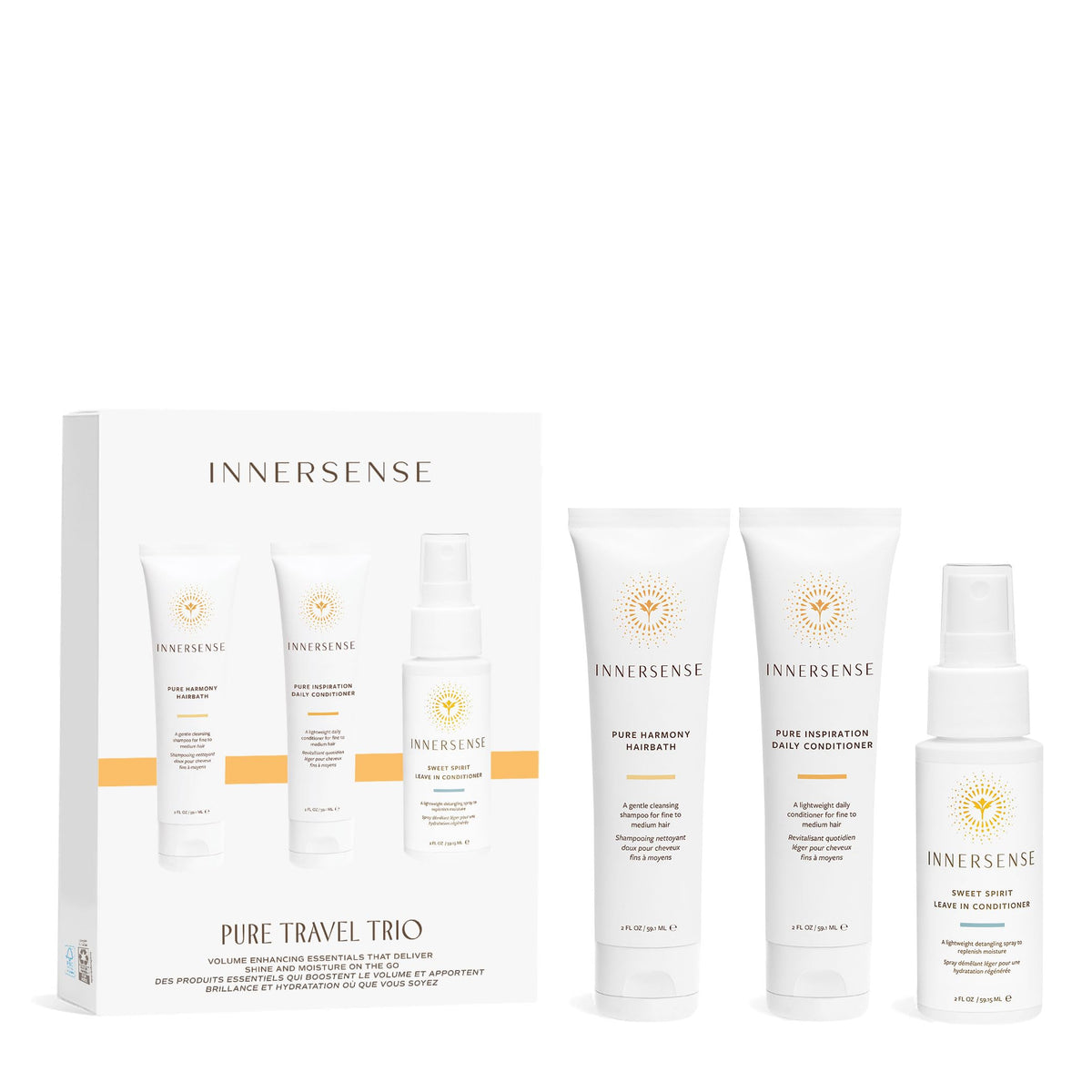 INNERSENSE trio front packaging showing clean travel bottles and benefits