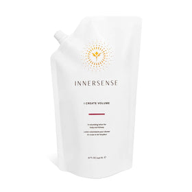 INNERSENSE front packaging of volumizing lotion showing clean refill pouch and branding, promotes sustainability