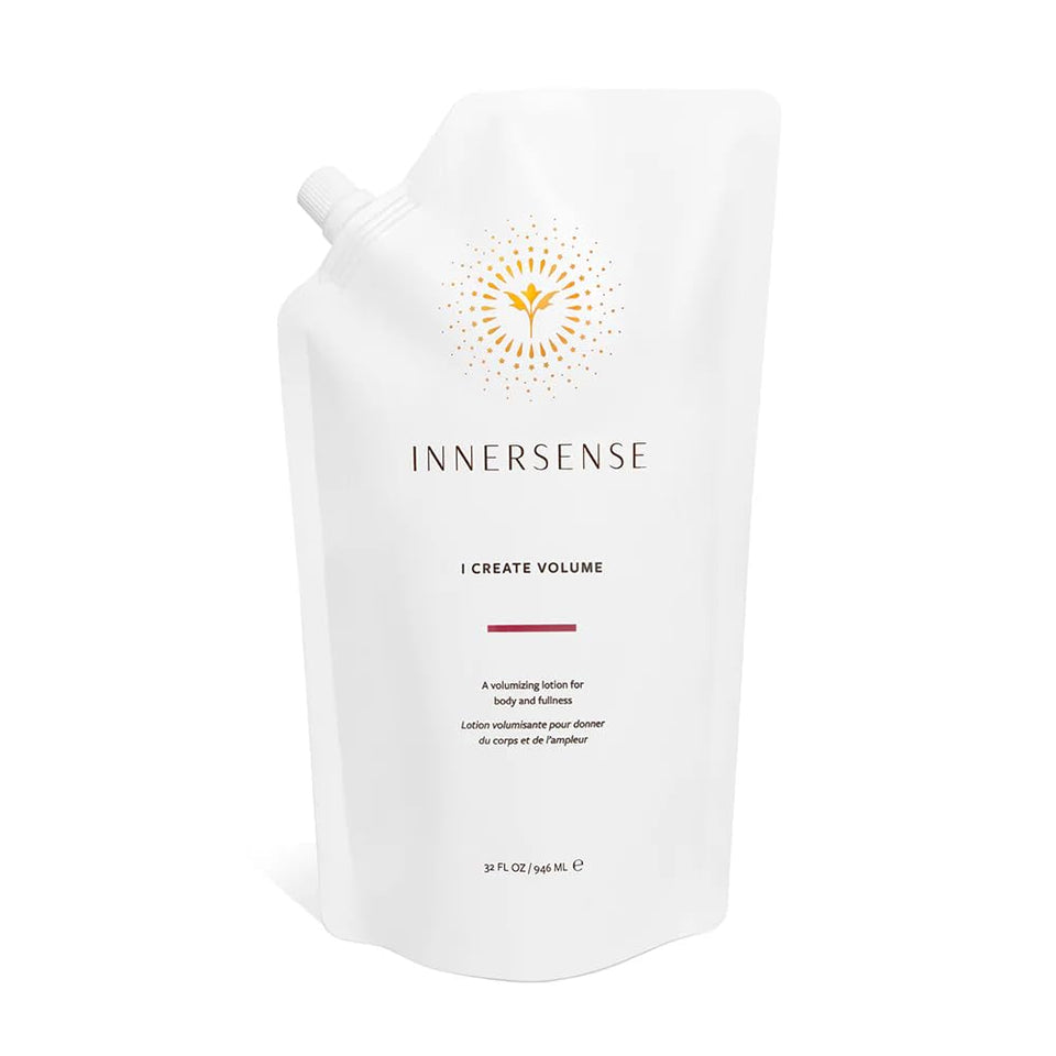INNERSENSE front packaging of volumizing lotion showing clean refill pouch and branding, promotes sustainability