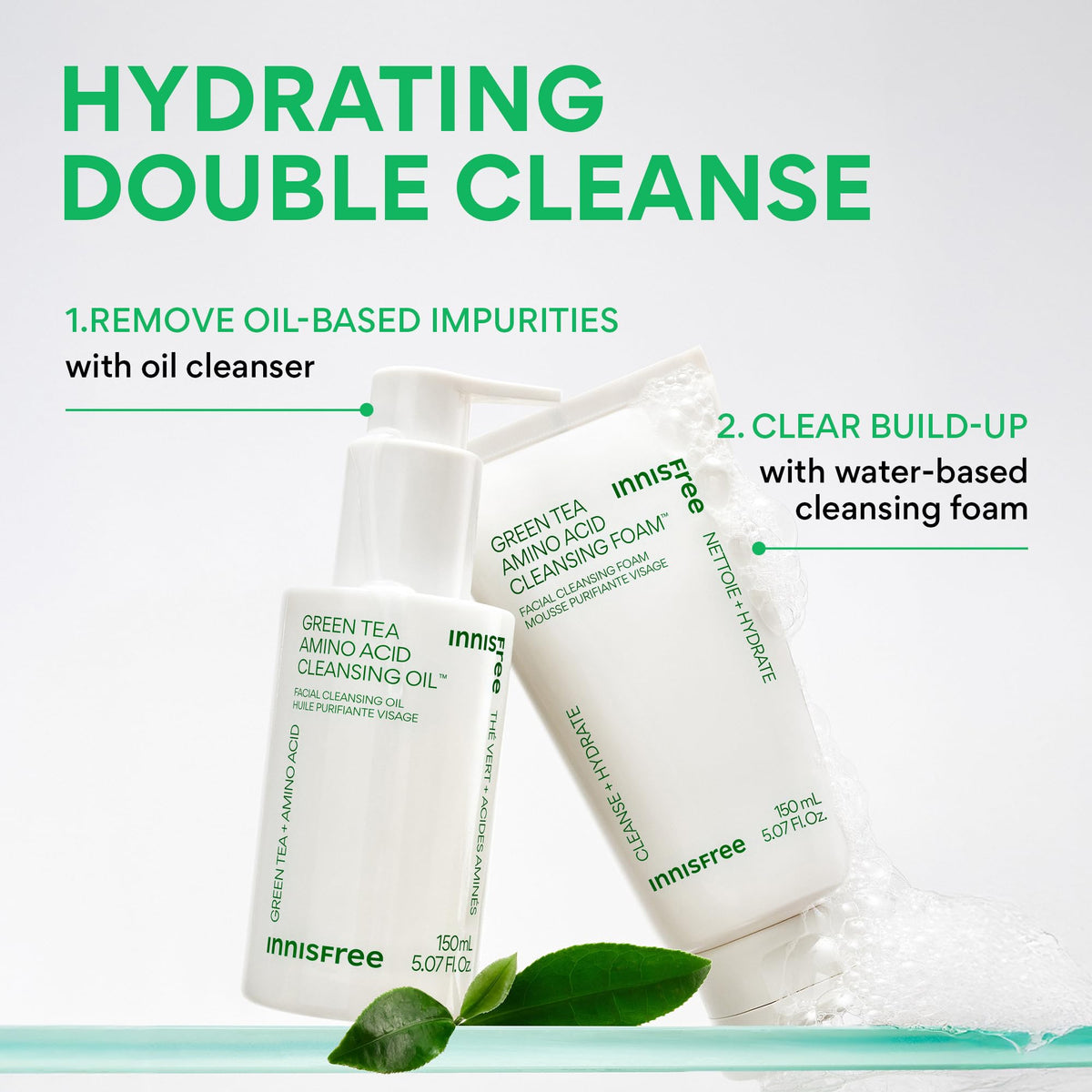 innisfree bottle with green tea leaves illustrating botanical hydration