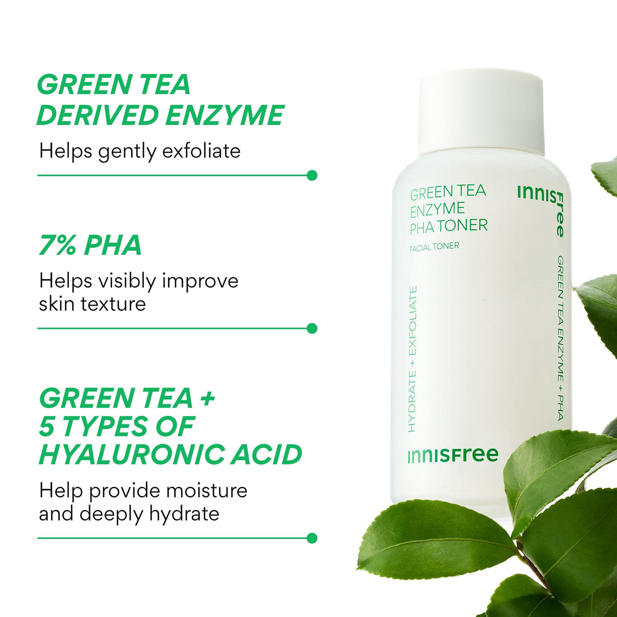 innisfree bottle with green tea leaves illustrating natural enzyme soothing benefits