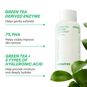 innisfree bottle with green tea leaves illustrating natural enzyme soothing benefits