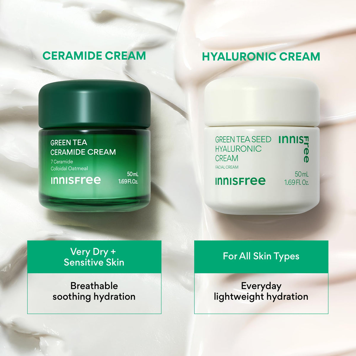 innisfree cream with green tea leaves emphasizing antioxidant hydration