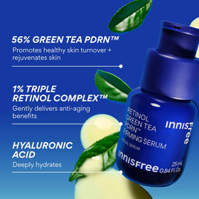 innisfree applying serum to face demonstrating smoothing and firming action