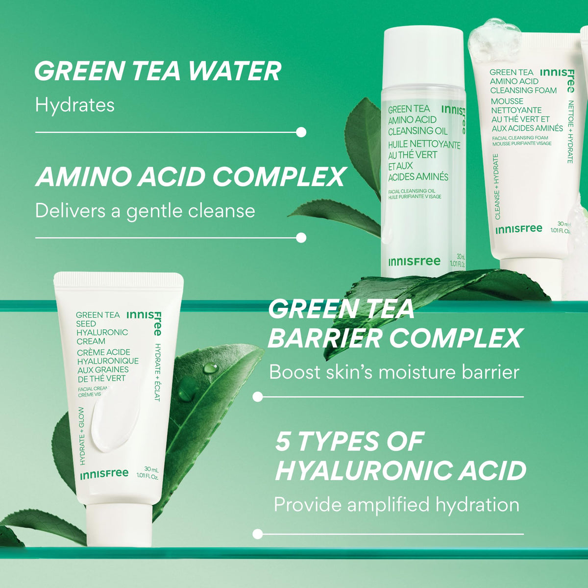 innisfree green tea leaves ingredient shot highlighting natural hydration