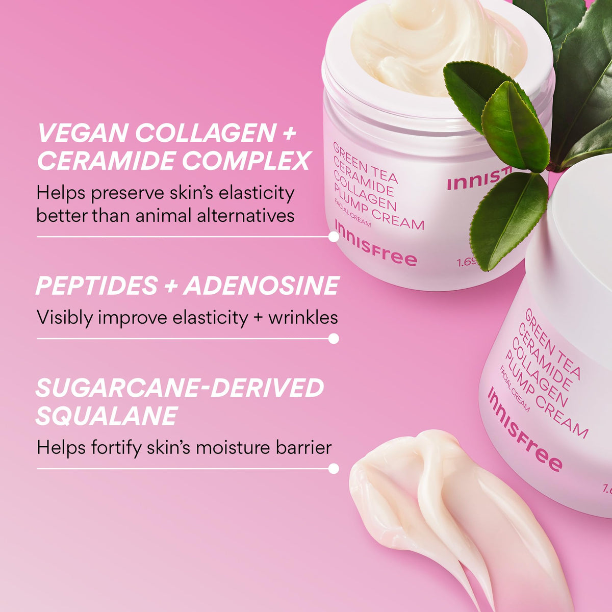 innisfree ingredient label close-up showing green tea ceramide and clean formula benefit